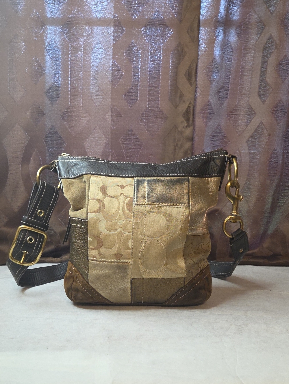 Vintage Coach Patchwork Signature Crossbody Brown/Gold/Suede